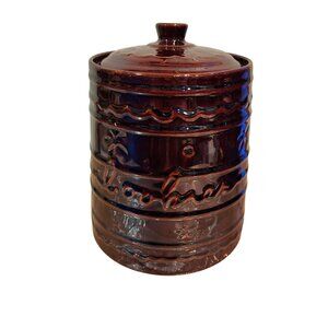 vintage Marcrest Daisy & Dot stoneware cookie jar in a brown glaze.